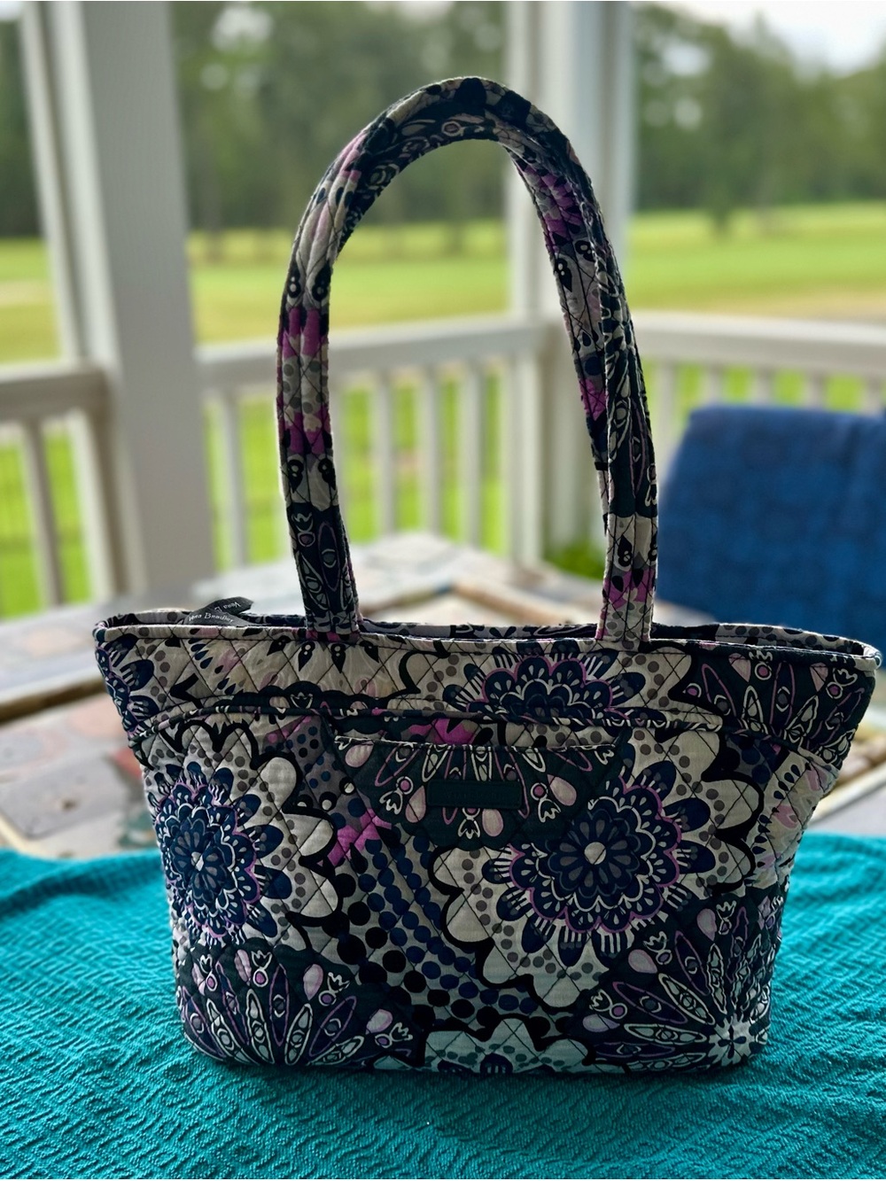 Vera Bradley Quilted Floral Tote in Navy, Purple & Cream